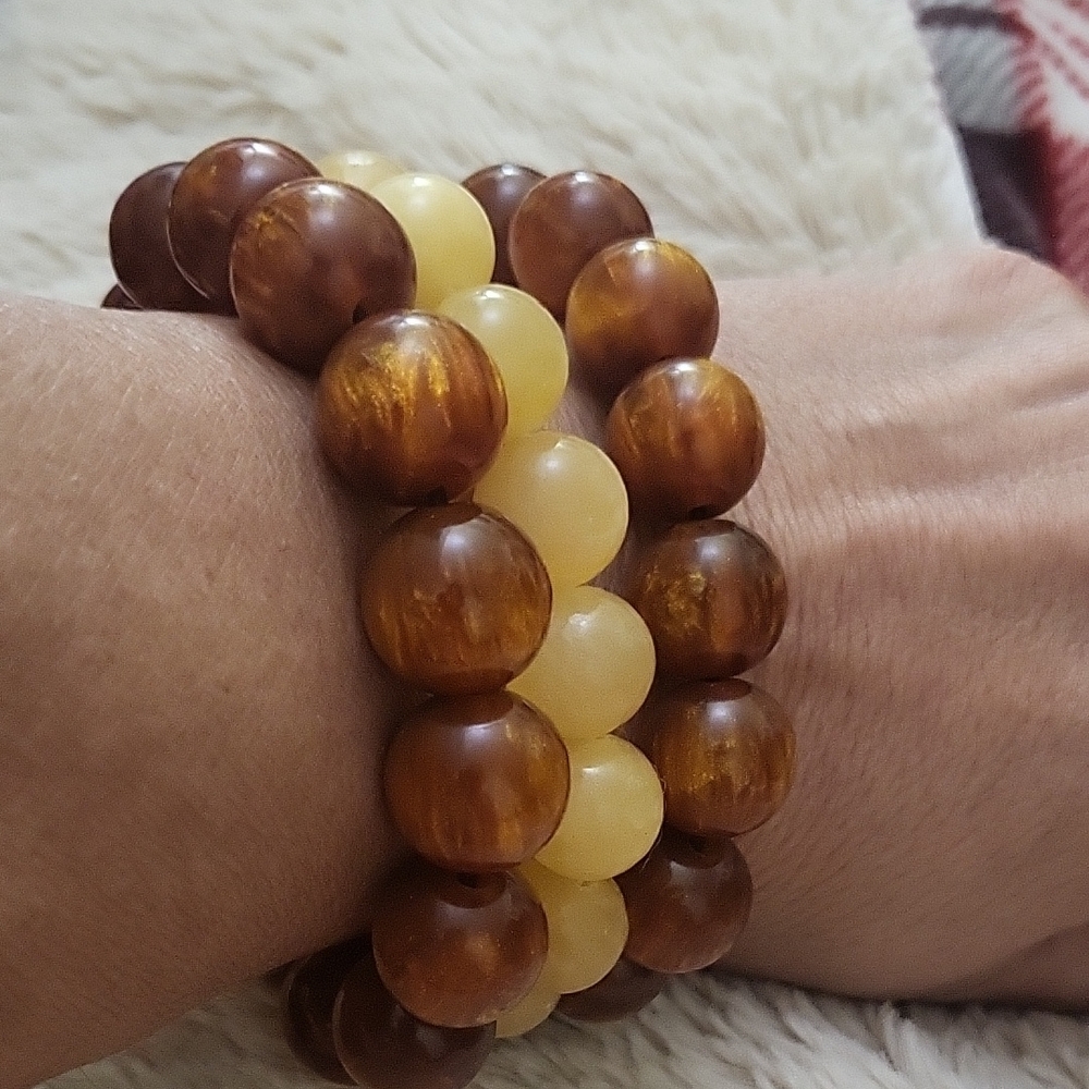 Unisex Natural StoneElegant Brown and Cream Beaded Bracelet Set (Comes W A Gift
